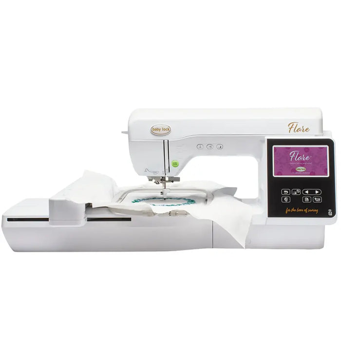 Baby Lock Flare BLMFL embroidery machine shown with large embroidery field and touchscreen display in use.