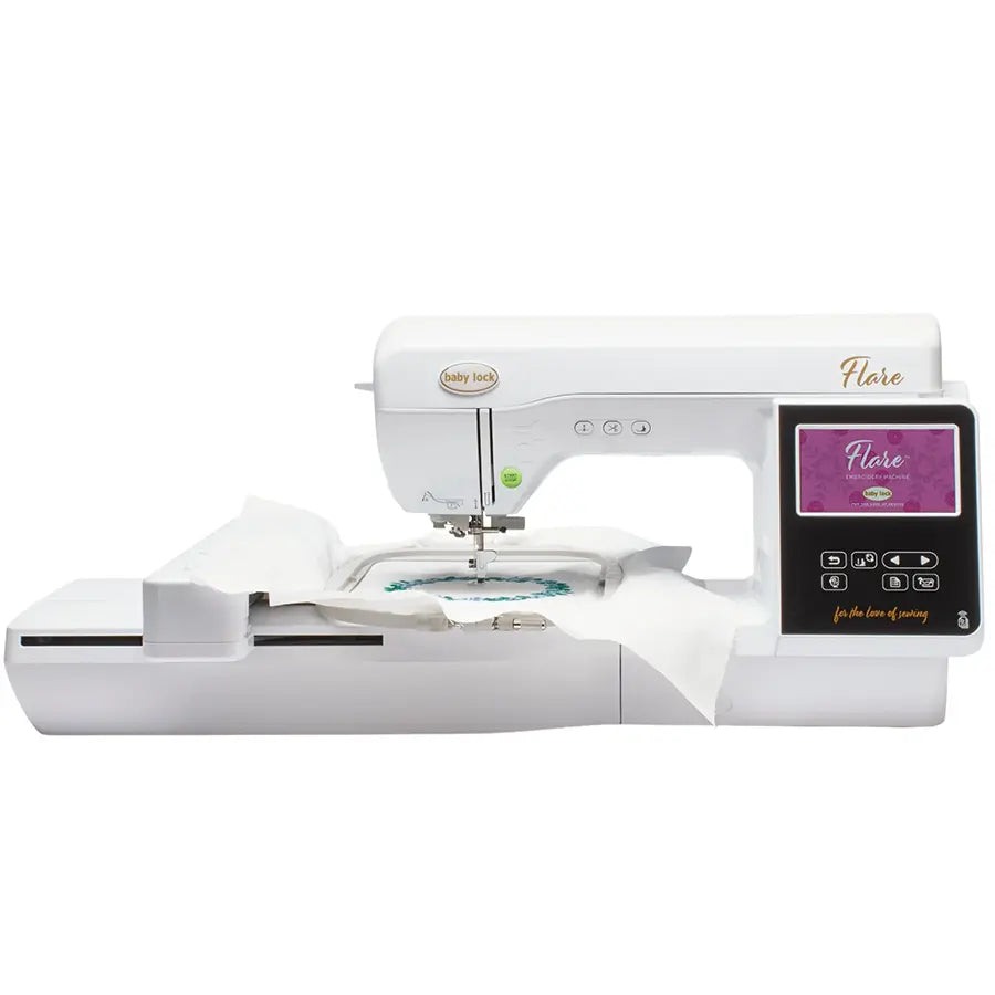 Baby Lock Flare BLMFL embroidery machine shown with large embroidery field and touchscreen display in use.
