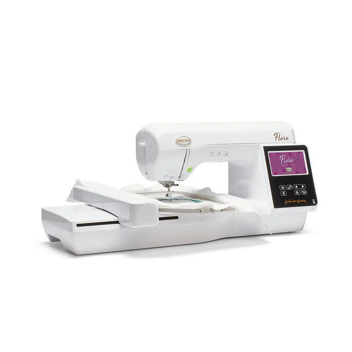 Side view of the Baby Lock Flare BLMFL embroidery machine stitching a design in the extended 6x10 hoop area.