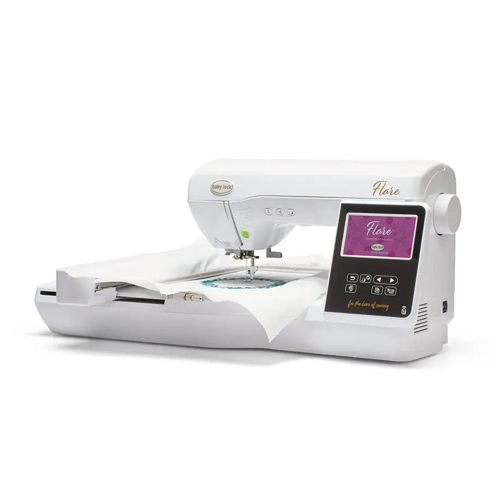 Baby Lock Flare BLMFL embroidery machine featuring wide workspace and active embroidery stitching on stabilizer.