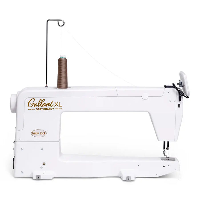 Side view of Baby Lock Gallant XL Stationary longarm quilting machine with large 18-inch workspace and stitch regulation.