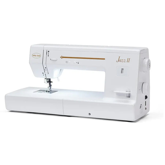 Side view of Baby Lock Jazz II BLMJZ-2D quilting and sewing machine featuring 12-inch workspace and DC motor.
