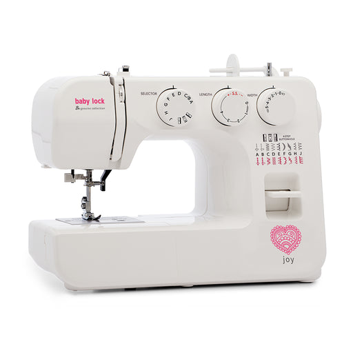 Baby Lock Joy BL25B sewing machine angled left-side view highlighting stitch controls and free-arm design.