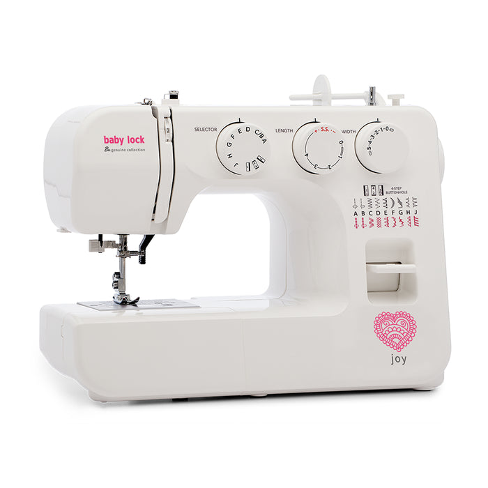 Baby Lock Joy BL25B sewing machine angled left-side view highlighting stitch controls and free-arm design.