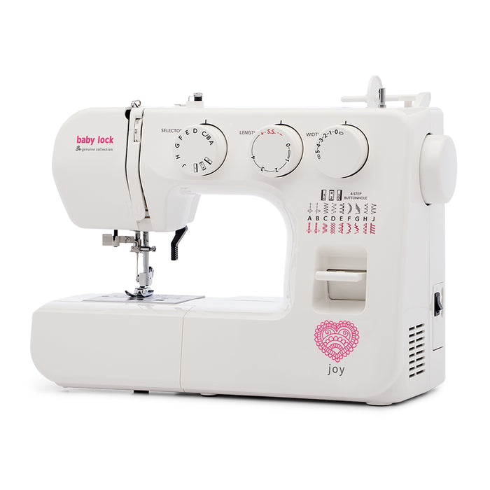 Baby Lock Joy BL25B sewing machine angled right-side view showcasing stitch panel, built-in controls, and threading area.