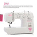 Baby Lock Joy BL25B sewing machine promotional image featuring stitch panel, needle area, and pink Joy branding graphic.