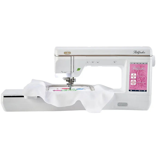 Baby Lock Pathfinder BLPF embroidery machine stitching floral design on fabric inside 8x12 embroidery hoop.