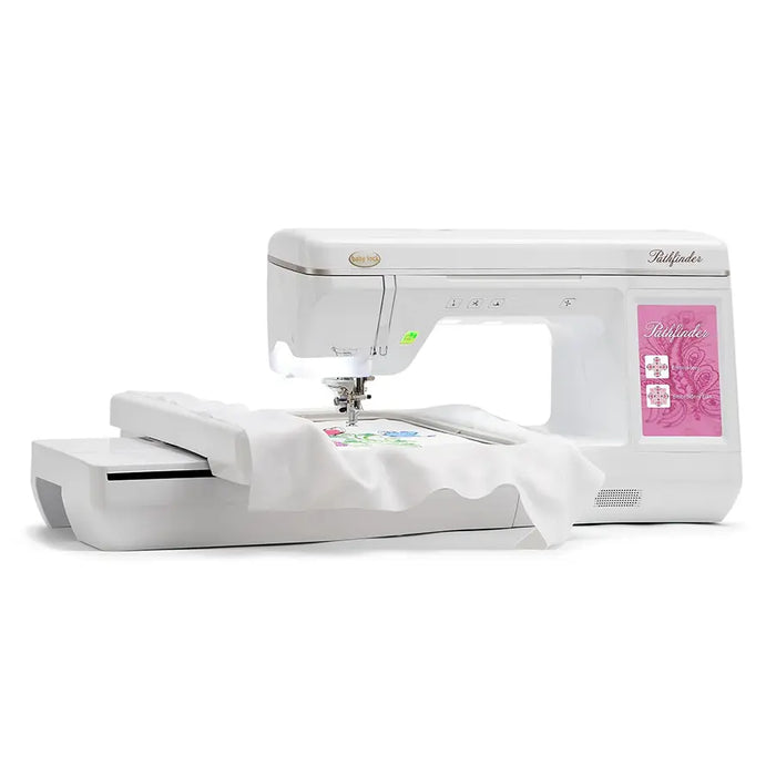 Baby Lock Pathfinder embroidery machine side view showing large embroidery field and LCD touch screen in use.