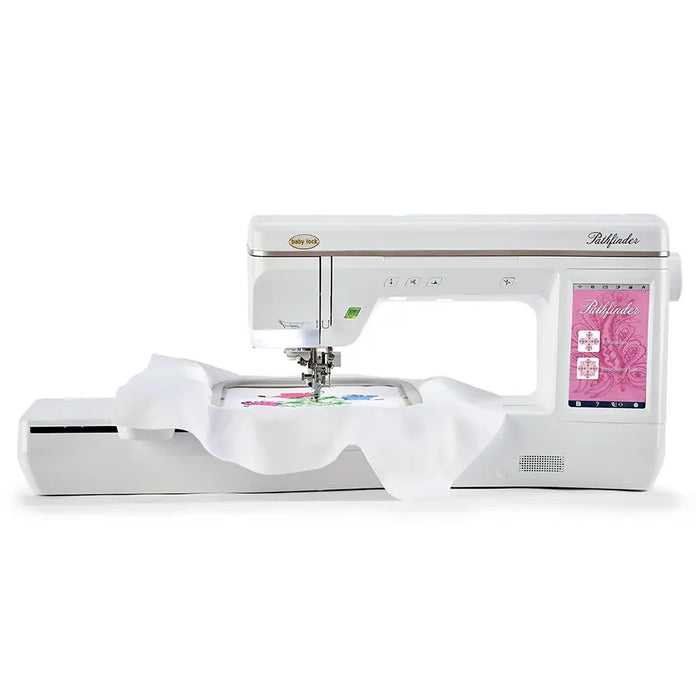 Baby Lock Pathfinder BLPF embroidery-only machine creating colorful embroidered pattern with extended workspace.