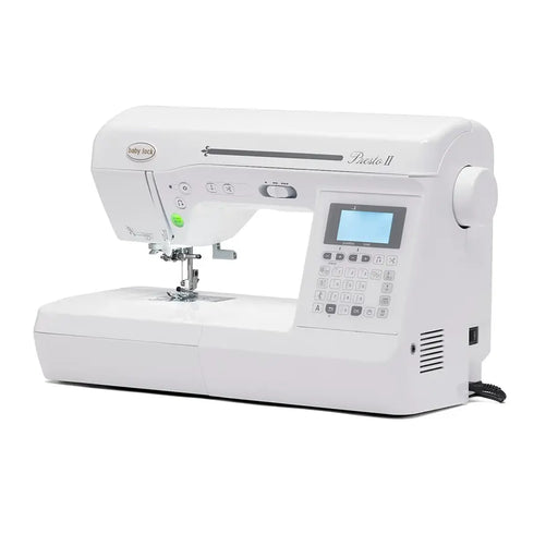 Baby Lock Presto II BLMPR2 quilting and sewing machine front angle view with LCD screen and stitch panel