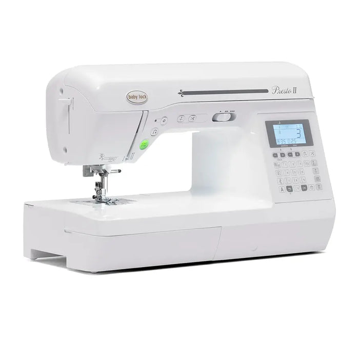 Side angle view of the Baby Lock Presto II BLMPR2 sewing and quilting machine