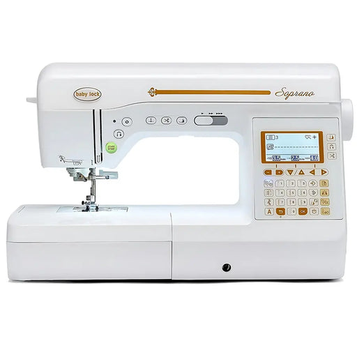 Baby Lock BLMSP Soprano computerized sewing and quilting machine front view with LCD screen and stitch keypad