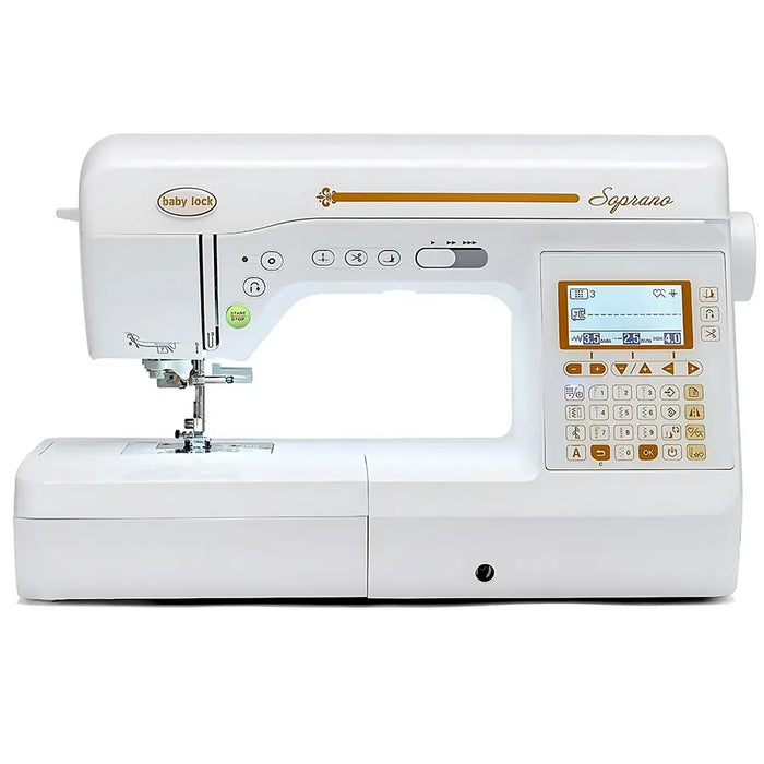 Baby Lock BLMSP Soprano computerized sewing and quilting machine front view with LCD screen and stitch keypad