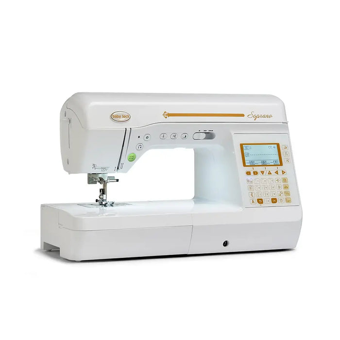 Baby Lock Soprano BLMSP sewing and quilting machine left side angle showing workspace and control panel
