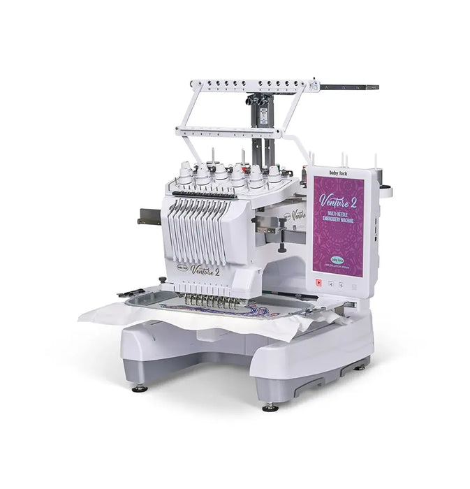 Baby Lock Venture 2 professional 10-needle embroidery machine with touchscreen display and wide-format embroidery field.