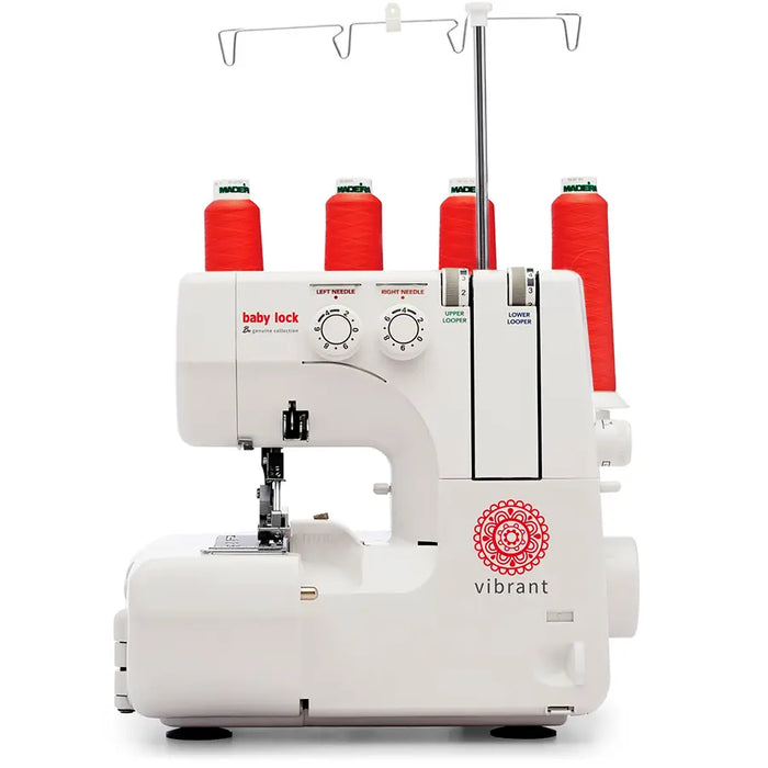 Baby Lock BL460B Vibrant Serger Machine front view with four red thread spools—compact overlock sewing machine for garment finishing and professional edges.