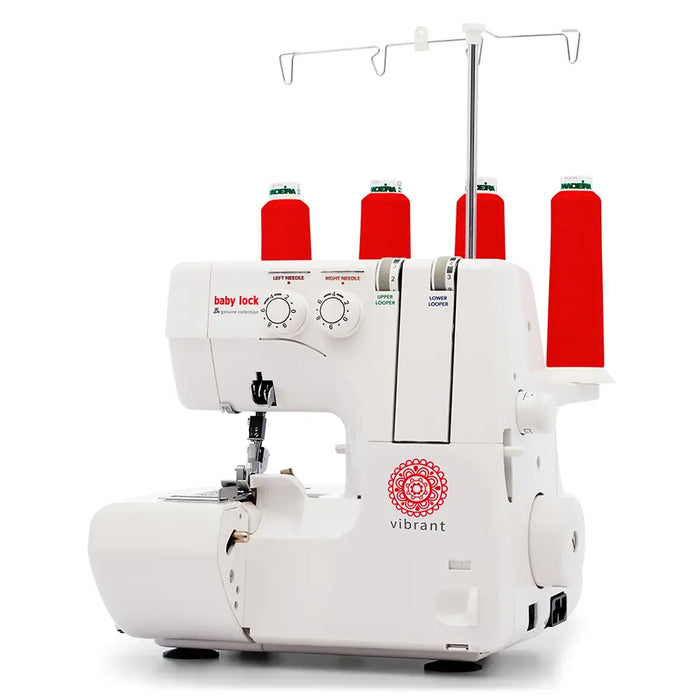 Baby Lock Vibrant BL460B serger shown at an angled side view with red serger thread cones—beginner-friendly overlock machine for clean seams and rolled hems.