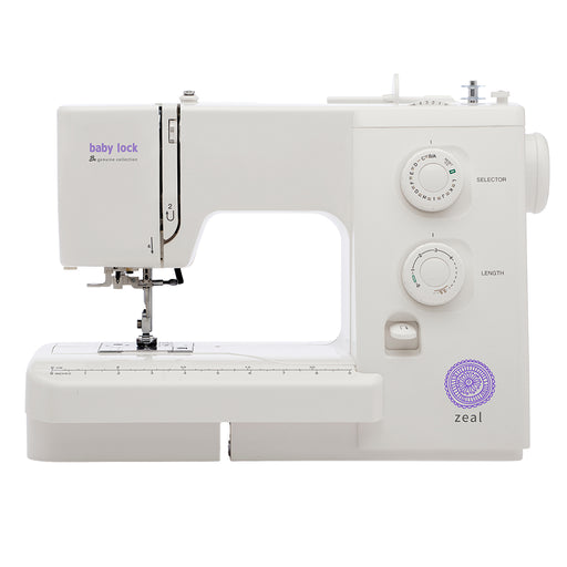 Baby Lock BL35B Zeal Sewing Machine – front view showing stitch controls, needle area, and compact free-arm design.