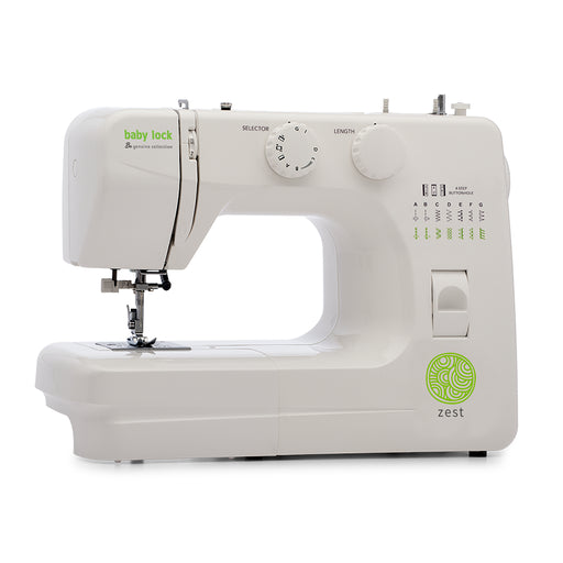 Baby Lock Zest BL15B mechanical sewing machine angled front view highlighting 15 built-in stitches and compact portable design.