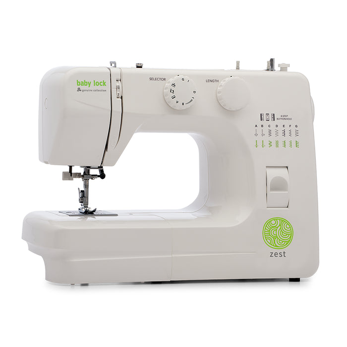 Baby Lock Zest BL15B mechanical sewing machine angled front view highlighting 15 built-in stitches and compact portable design.