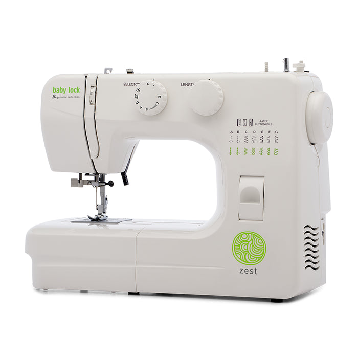 Baby Lock Zest BL15B sewing machine three-quarter angle with stitch guide and four-step buttonhole display.