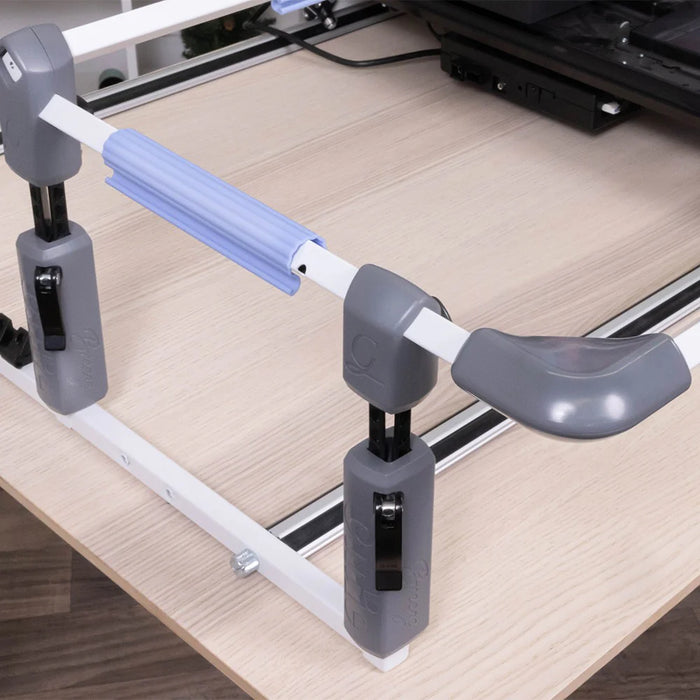 Detail of Grace Cutie Breeze quilting frame side rail and adjustable fabric roller system