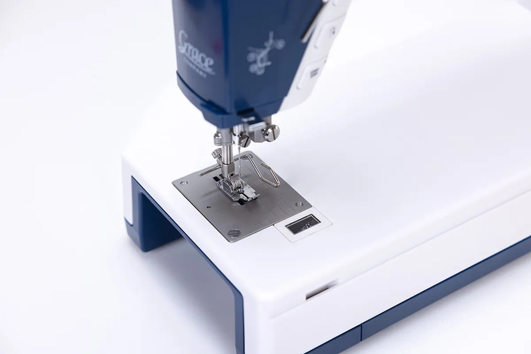 Grace Little Rebel sewing foot and needle plate detail for fabric piecing and straight-line sewing