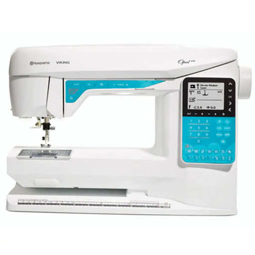 Husqvarna Viking Opal 650 computerized sewing machine side view featuring digital display, keypad controls, and extended sewing arm