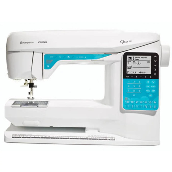 Husqvarna Viking Opal 650 computerized sewing machine side view featuring digital display, keypad controls, and extended sewing arm