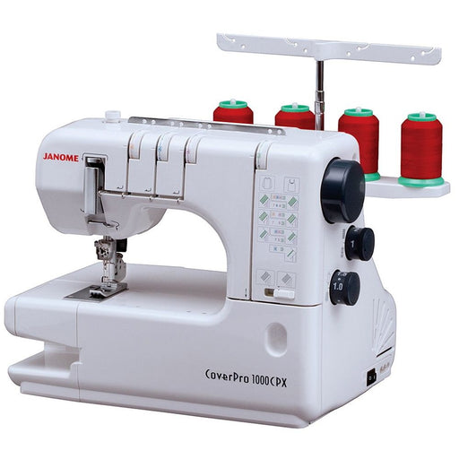 Janome CoverPro 1000CPX Coverstitch Machine with thread stand, showing industrial-style cover hem design for professional sewing finishes.