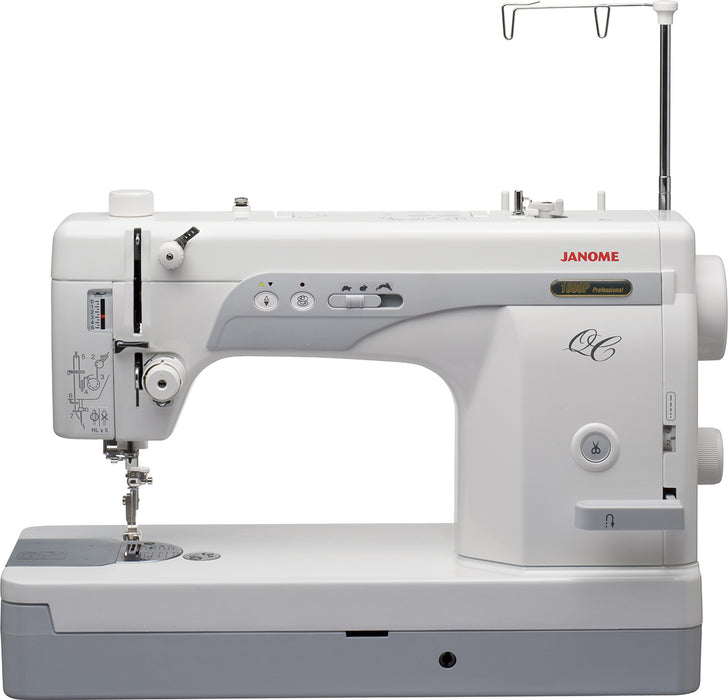 Close-up side view of the Janome 1600P-QC Professional straight stitch sewing machine, featuring high-speed performance and industrial-style design.