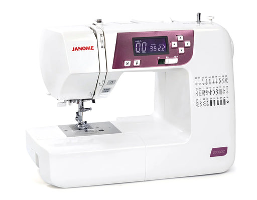 Angled view of the Janome 2030DC-G sewing machine showcasing control panel, needle area, and compact design.
