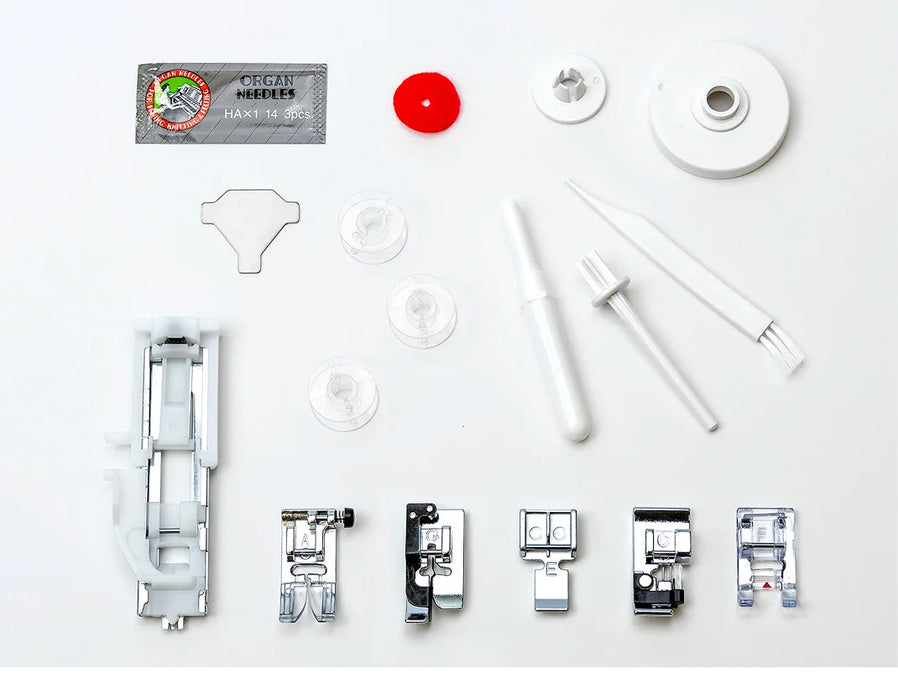 Included accessories for the Janome 2030DC-G sewing machine featuring presser feet, bobbins, needles, and maintenance tools.