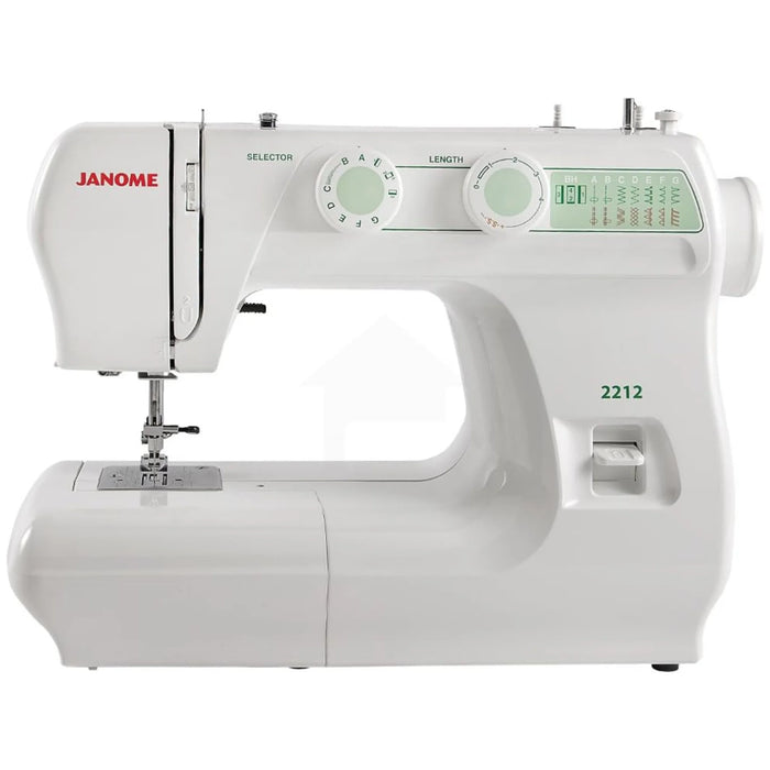 Janome 2212 Sewing Machine front view showcasing stitch selection dials and compact mechanical design.