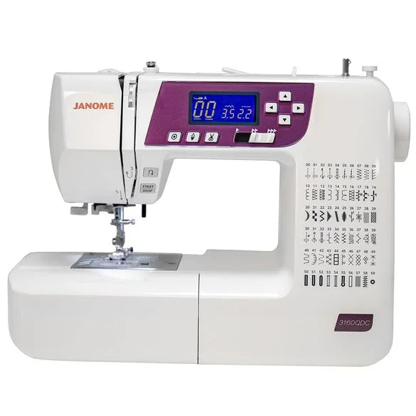 Computerized Janome 3160QDC-G sewing machine showing stitch selections and digital display, ideal for quilting and home sewing.