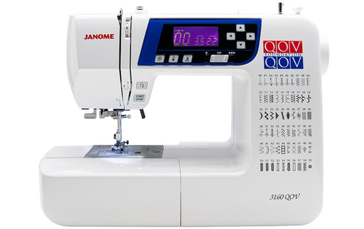 Janome 3160QOV Quilts of Valor computerized sewing machine front view with stitch selection panel and LED display