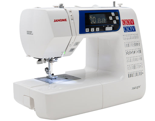 Side angle view of Janome 3160QOV QOV Edition sewing machine showing needle area, control buttons, and stitch guide