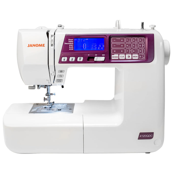 Janome 4120QDC-G computerized sewing machine with Grapevine control panel and LCD screen, featuring 120 built-in stitches for quilting and home sewing.