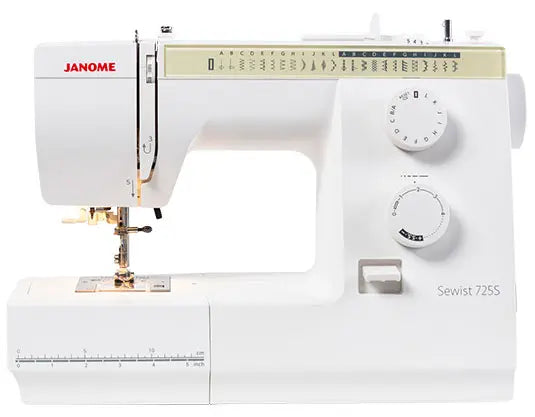 Janome Sewist 725S mechanical sewing machine front view showing stitch panel and controls for home sewing projects.