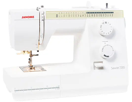 Angled view of the Janome Sewist 725S sewing machine displaying stitch selection dials and durable mechanical design.