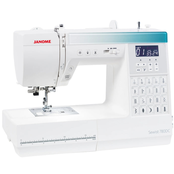Janome Sewist 780DC computerized sewing machine angled view with 80 built-in stitches and easy-access control buttons.