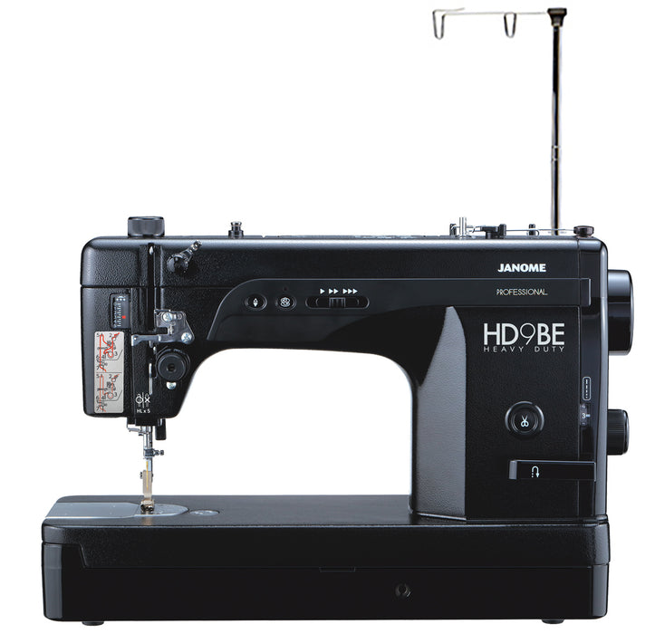 Side profile of Janome HD9V2BE Professional Sewing Machine Black Edition with thread stand extended