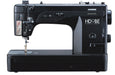 Front view of the Janome HD9V2BE Heavy Duty Black Edition sewing machine highlighting stitch controls and metal base