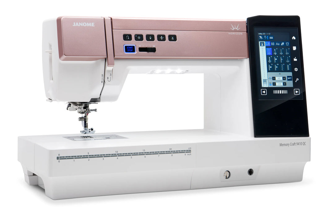 Angled view of the Janome Horizon Memory Craft 9410QC showcasing the high-definition stitch screen and large sewing area.