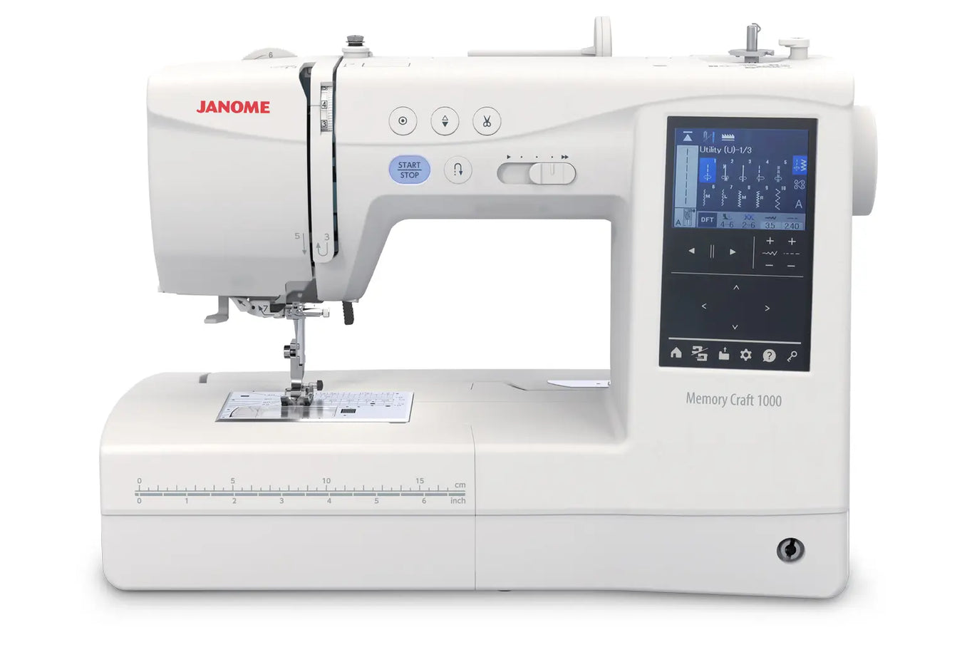 Janome Memory Craft 1000 sewing and embroidery machine with LCD touchscreen and advanced stitch options