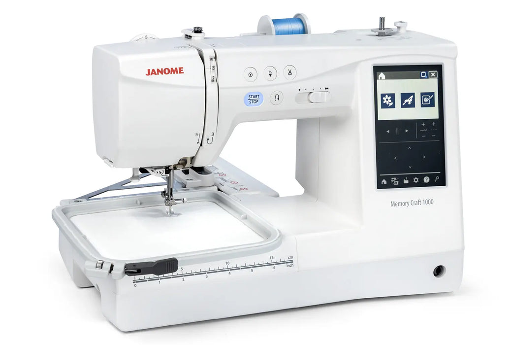 Janome MC1000 sewing and embroidery machine angled view displaying touchscreen menus and embroidery hoop setup