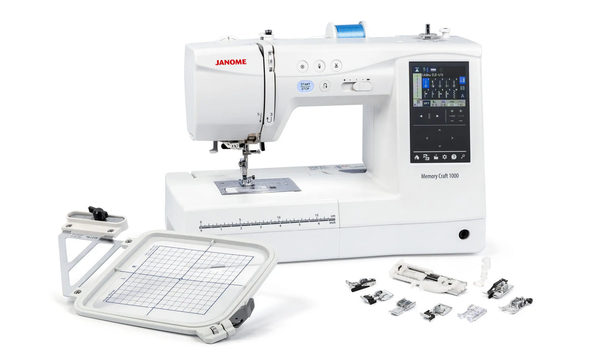 Janome Memory Craft 1000 sewing and embroidery machine with included embroidery hoop and multiple presser feet