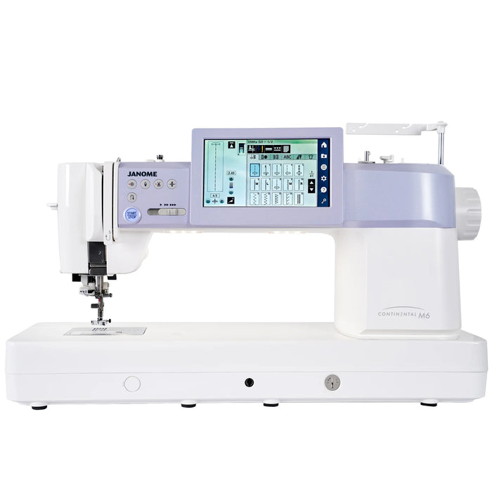 Janome Continental M6 sewing and quilting machine front view with 7-inch LCD touchscreen and extra-wide flatbed workspace.
