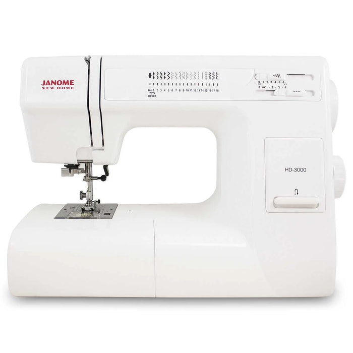 Front view of the Janome HD-3000 Mechanical Sewing Machine showcasing stitch panel and durable heavy-duty construction.