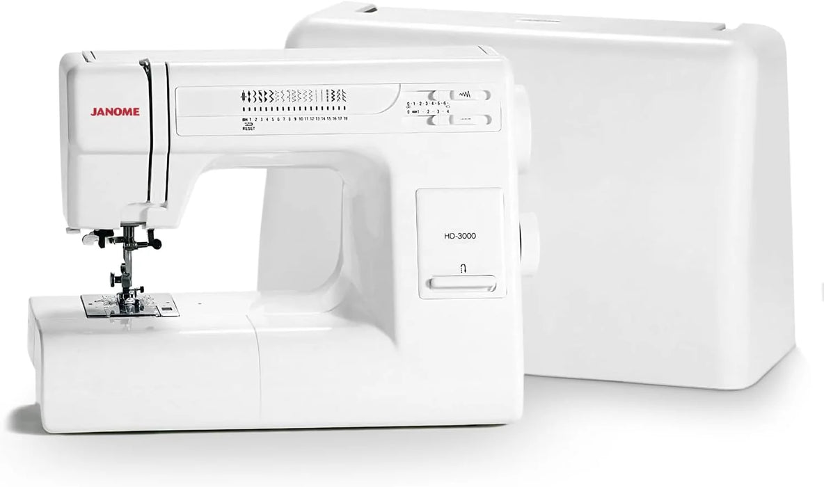 Janome HD-3000 Mechanical Sewing Machine with included hard cover, highlighting its strong aluminum frame and compact design.